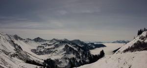 View from the Furkajoch across the fog covered Laternser Valley towards the West