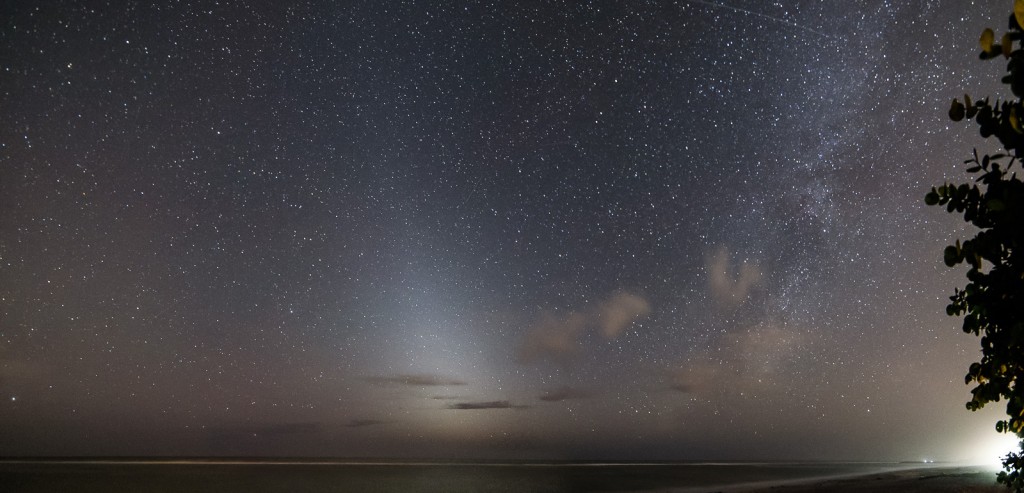 Two-Panel mosaic showing the Zodiacal light and Milky way over the Gulf of Mexico, Image taken on Sanibel Island, Florida, 30s, f/3.5, ISO 3200, Samyang 14mm, Nkon D750